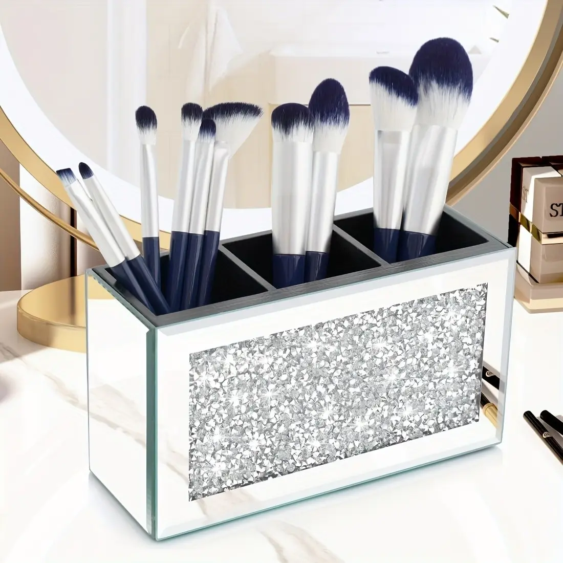 Crystal Rhinestone Silver Color Makeup Brush Holder, 3-Tier Mirror Makeup Brush Organizer, Cute Pen and Pencil Glass Stand, Eyeliner Display Box, Cosmetic Storage