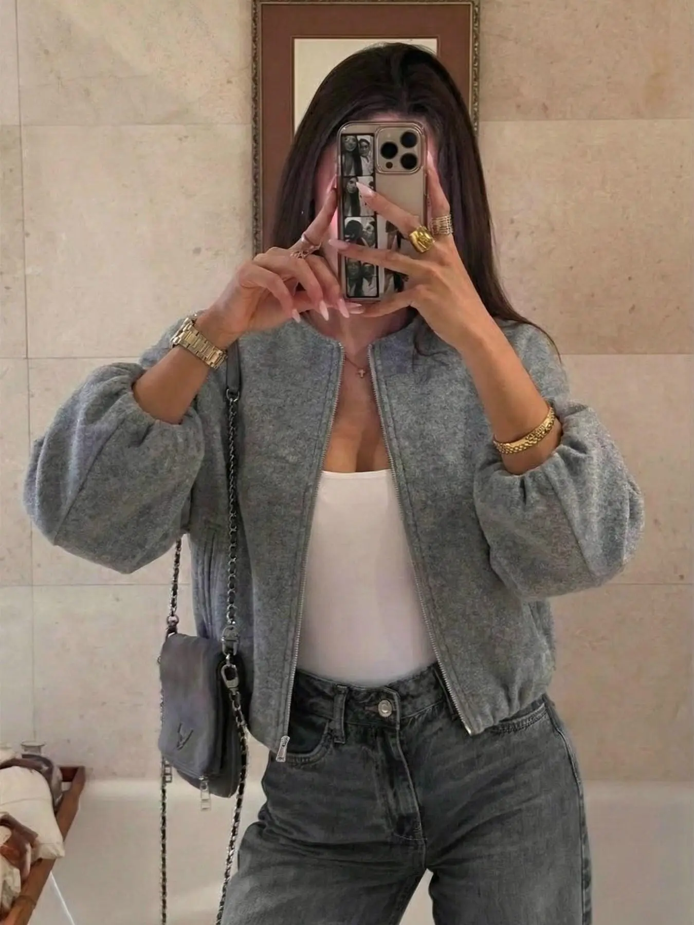 Women's Bubble Sleeve Short Zipper Jacket, Soft, Casual Loose-Fitting Top, Plain Pattern, Unlined, Batch Number 202604