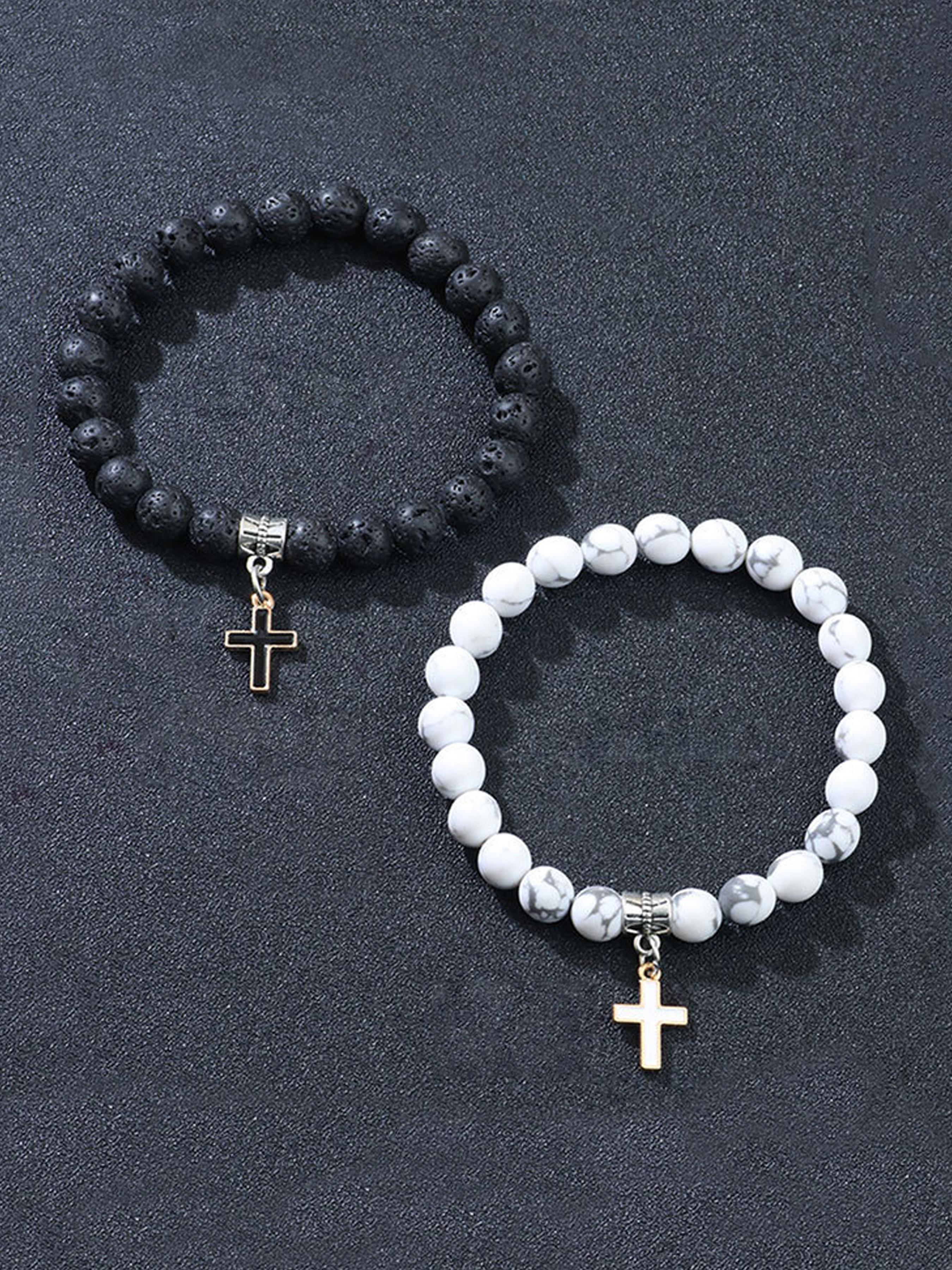 Stone & Cross Charm Decor Beaded Bracelets Set, Fashionable Jewelry for Women & Men, Trendy All-match & Exquisite Jewelry for Birthday Gift, Stackable Bracelets
