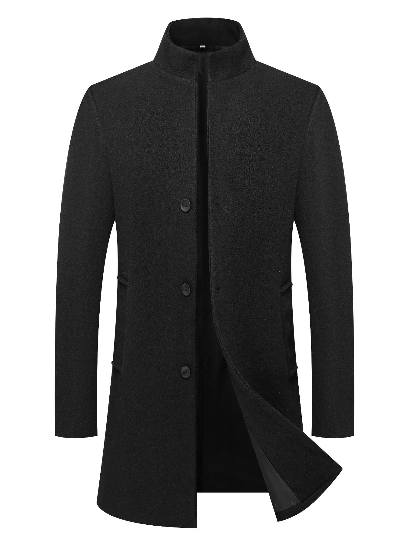 Men's Solid Button Front Stand Collar Coat, Work Office Jacket, Regular Fit Casual Long Sleeve Outerwear for Fall & Winter, Men's Clothes for Daily Wear, Casual Fitted Jacket, Business Coat