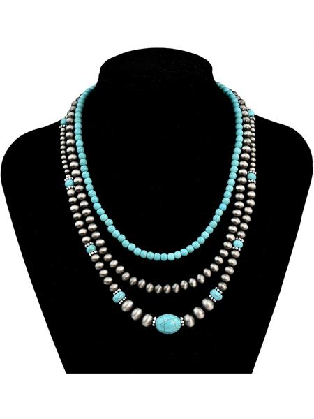 3pcs Vintage CCB Antique Lacquer Plated Beads Necklaces for Women, Synthetic Turquoise Jewelry Set, Elegant Western Style Modern Versatile Accessories