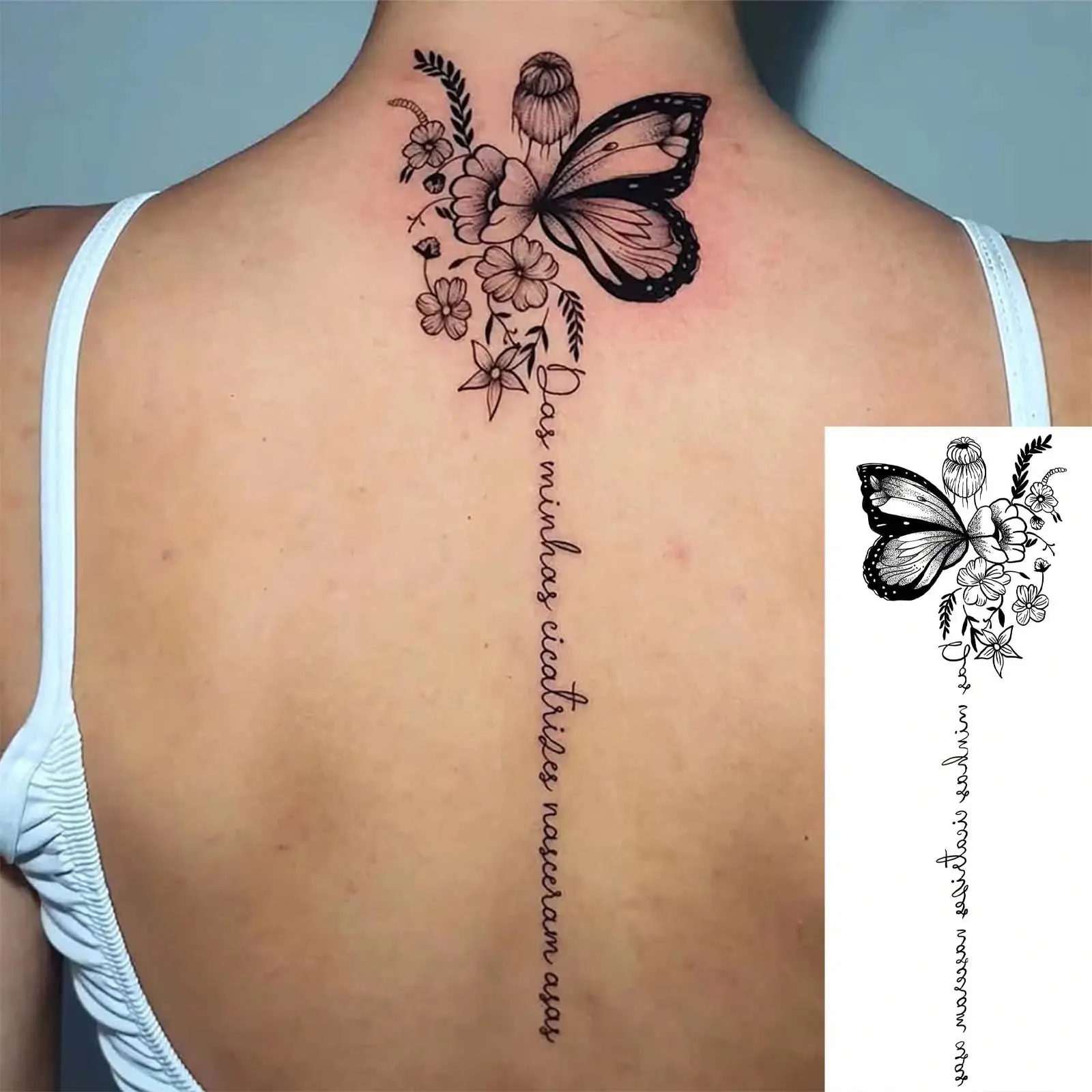 4PC Waterproof Tattoo Decal, Viral Floral Dancer English Quote Back Tattoo Sticker, Sexy Large Pattern Female Skin Decor, Long Lasting Realistic Print for Women Spine Back