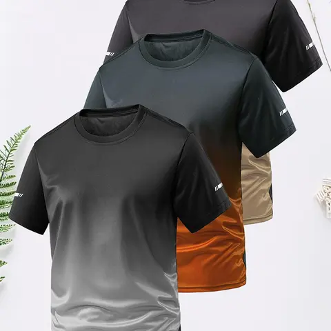 Men's Ombre Print Round Neck Tee, Regular Fit Sporty Quick Drying Breathable Short Sleeve T-shirt, Activewear T Shirt, Activewear Athletic, Athletic Apparel, Athletic Clothing, Sports T Shirt, Gym Tees for Gym Workout Running, Men's Top for All Seasons