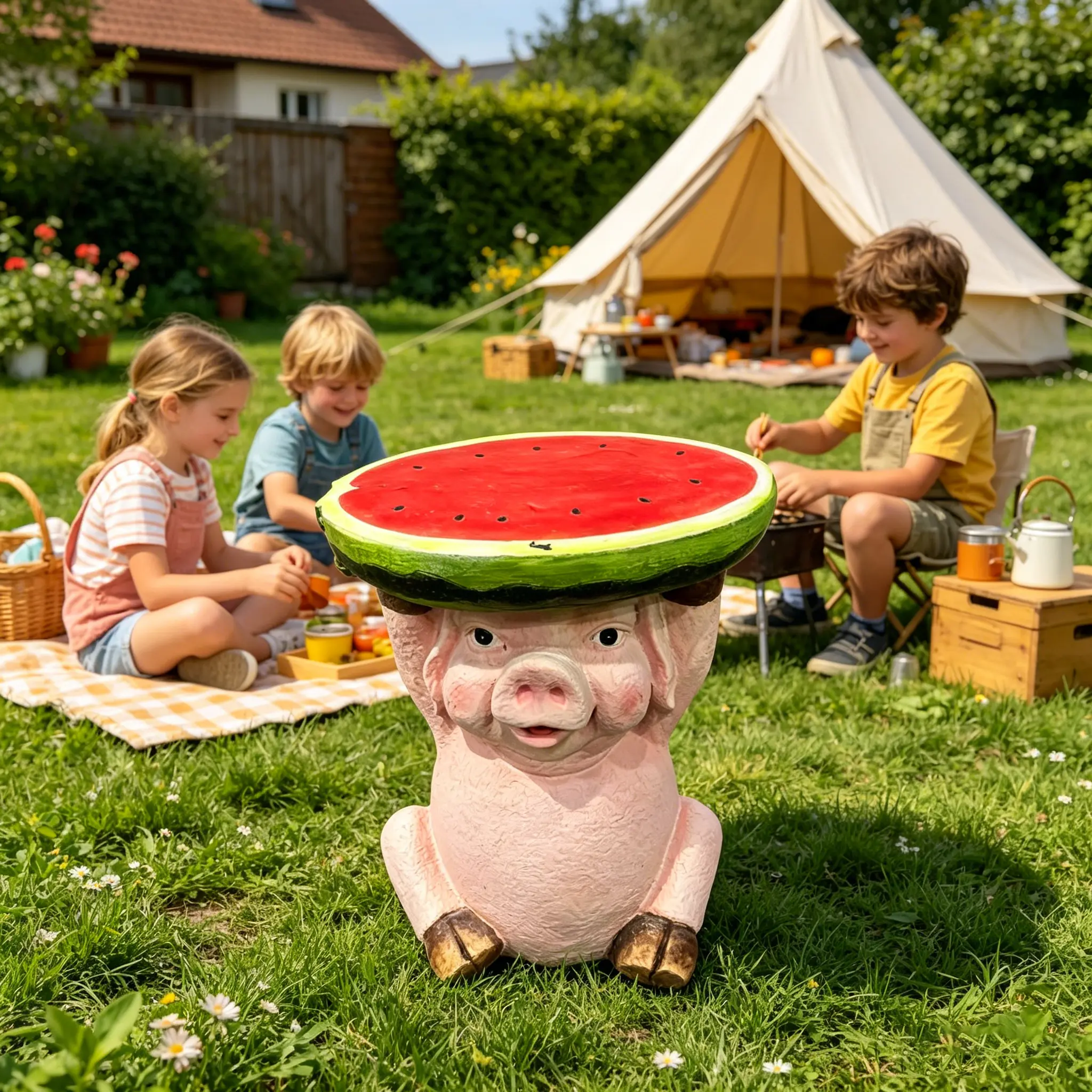 ARCH Cute Pig Side Table 13.39in Resin Watermelon Top End Table Plant Stand Multi-Functional Indoor Outdoor Decorative Accent Table for Living Room Patio Garden Bedroom Home Decor Green Pink Red Options, Green/Pink/Red Color Options