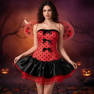 Women Ladybug Costume, Dot Print Tube Top Dress and Beetle Wings 2 Piece Set for Halloween Cosplay Party