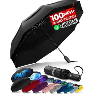 Strongest Windproof Travel Umbrella (Compact, 100MPH Wind-Tested), Light, Portable, One-Handed Use, Automatic Folding Rain Umbrella, Durable, Premium Grip, Fits Car & Backpack.