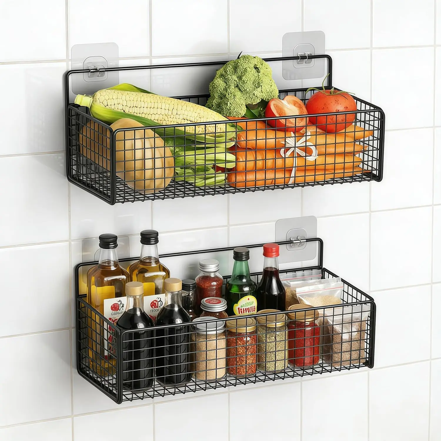2 Set Hanging Wire Fruit Basket with Adhesive Hooks, Hanging fruit baskets, No Drilling Adhesive Basket, for Home Kitchen Pantry Utility Bathroom Organizer, Black