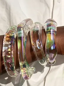 4Pcs Clear Colorful Resin Bangle Bracelet Set, Iridescent Y2K Stackable Cuff, Trendy Geometric Party Vacation Accessories for Women