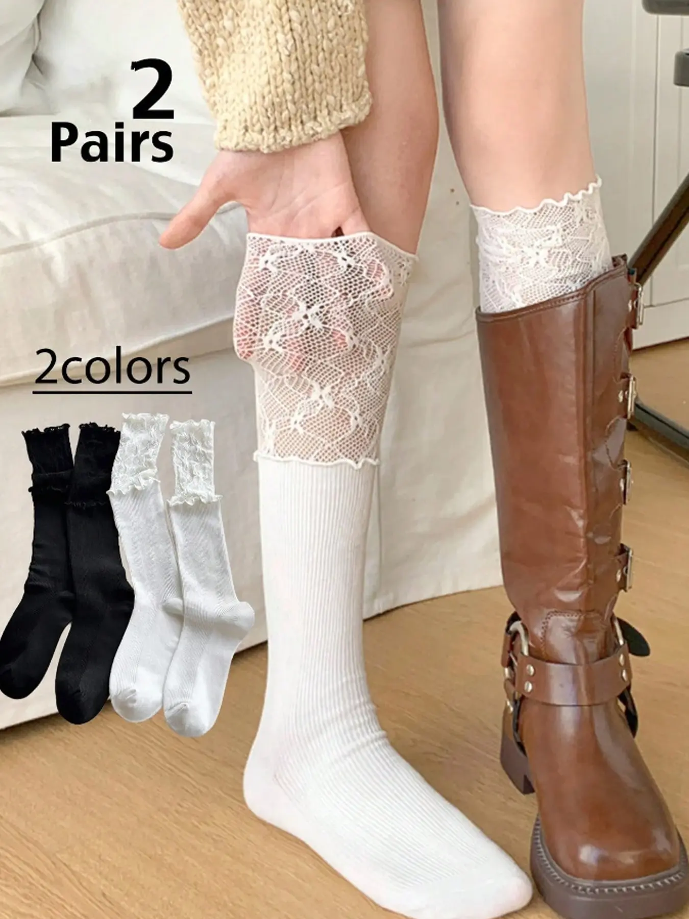 2 Pairs & Lace Knee-High Socks for Women, Spring Summer Boot Compatible, Long Calf with Ruffle Trim, Ballet Style, Frilly Socks