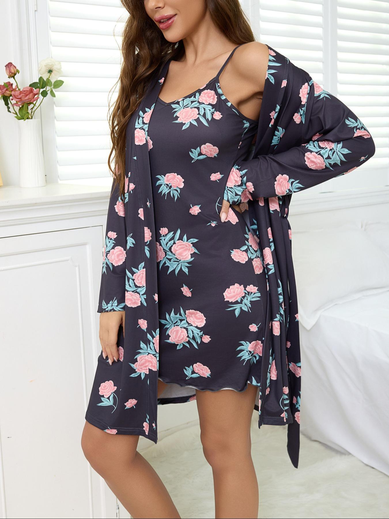 Floral Print Women's Robe and Slip Dress 2 Piece Set, Elegant and Comfortable Long Sleeve Sleepwear Dress for Casual Home Wear
