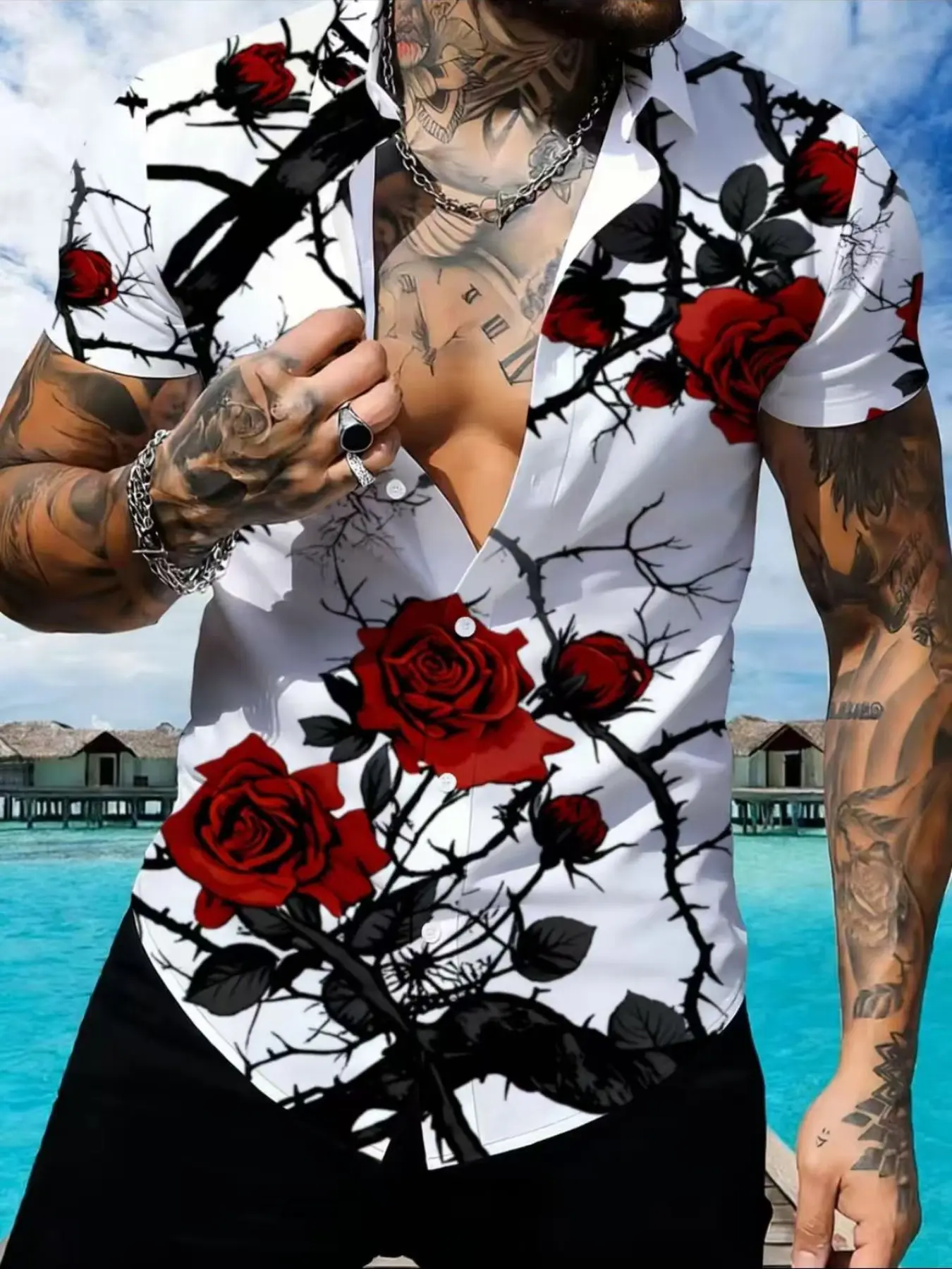 Men's floral Printed Button Up short sleeved collar shirt, summer fashionable casual shirt, red rose pattern top, versatile for daily wear, summer vacation travel wear, men's fashion