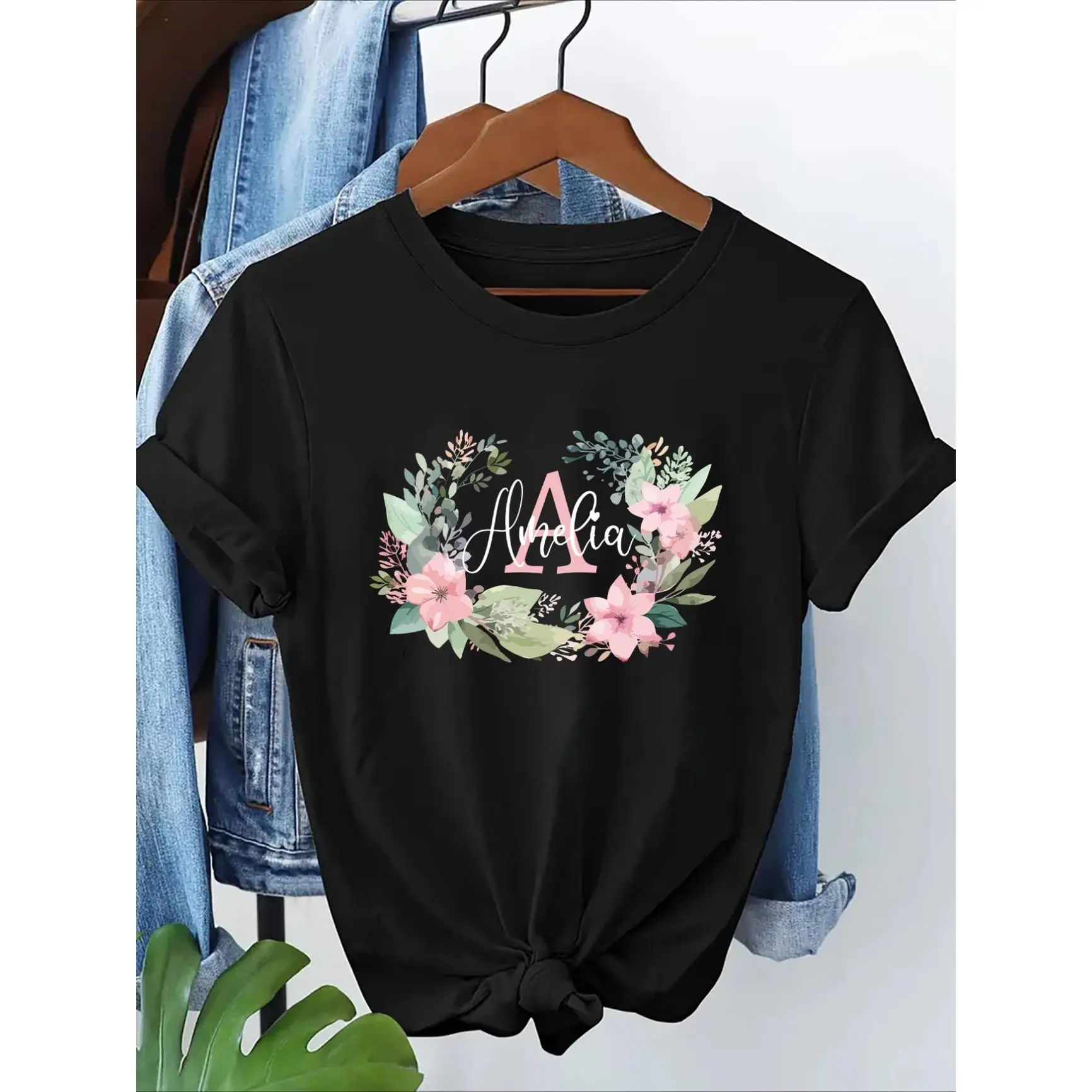 Floral Wreath Monogram Custom Name Graphic T‑Shirt,Cotton Oversized Comfort Cute Fashion Outfit,Best Valentine Holiday Gift for Him Her Lover Family Friends,Perfect Anniversary Present