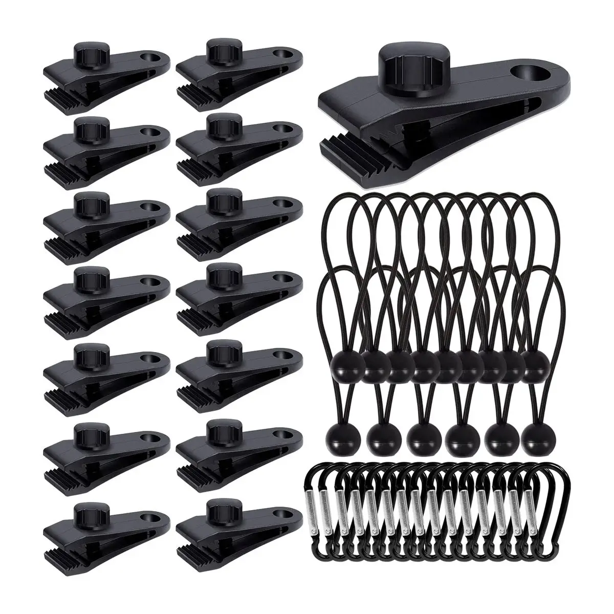 45 Pcs Heavy-Duty Plastic Clips Lock Grip Set with Carabiner Clips and Bungee Cords, Tarp Fasteners for Awning Tarps, Camping Canopies (For Camping Users)
