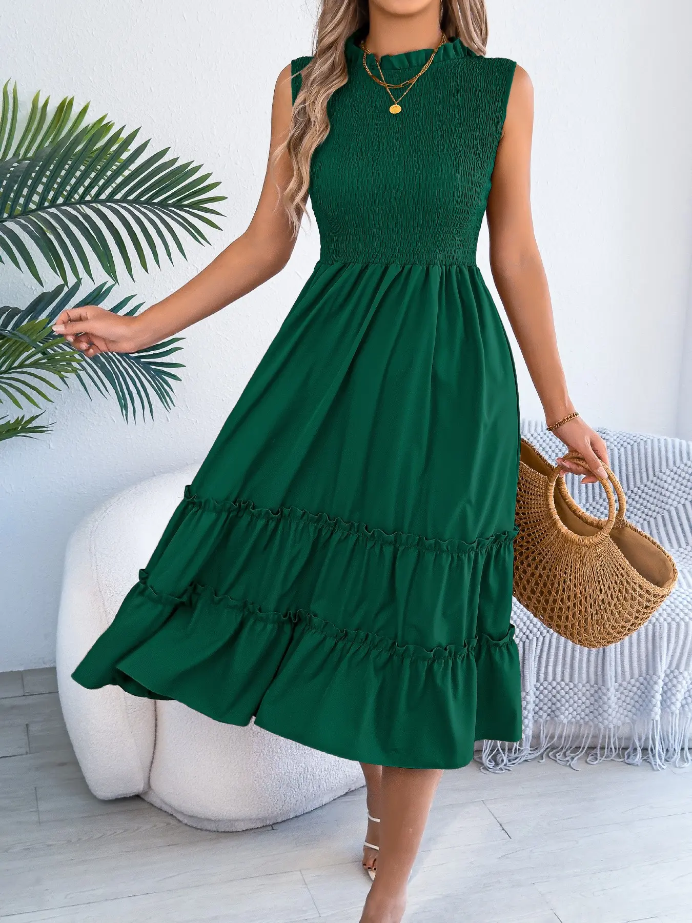 Ladies' Summer Daily Everyday Vacation Style Sleeveless Dress, Mock Neck with Tiny Ruffle Trim, Shirred Waist Tiered Ruffle Cake Hem Home Outdoor Urban Regular Trendy Casual Elegant Youthful Simple Versatile Texture Charm Literary