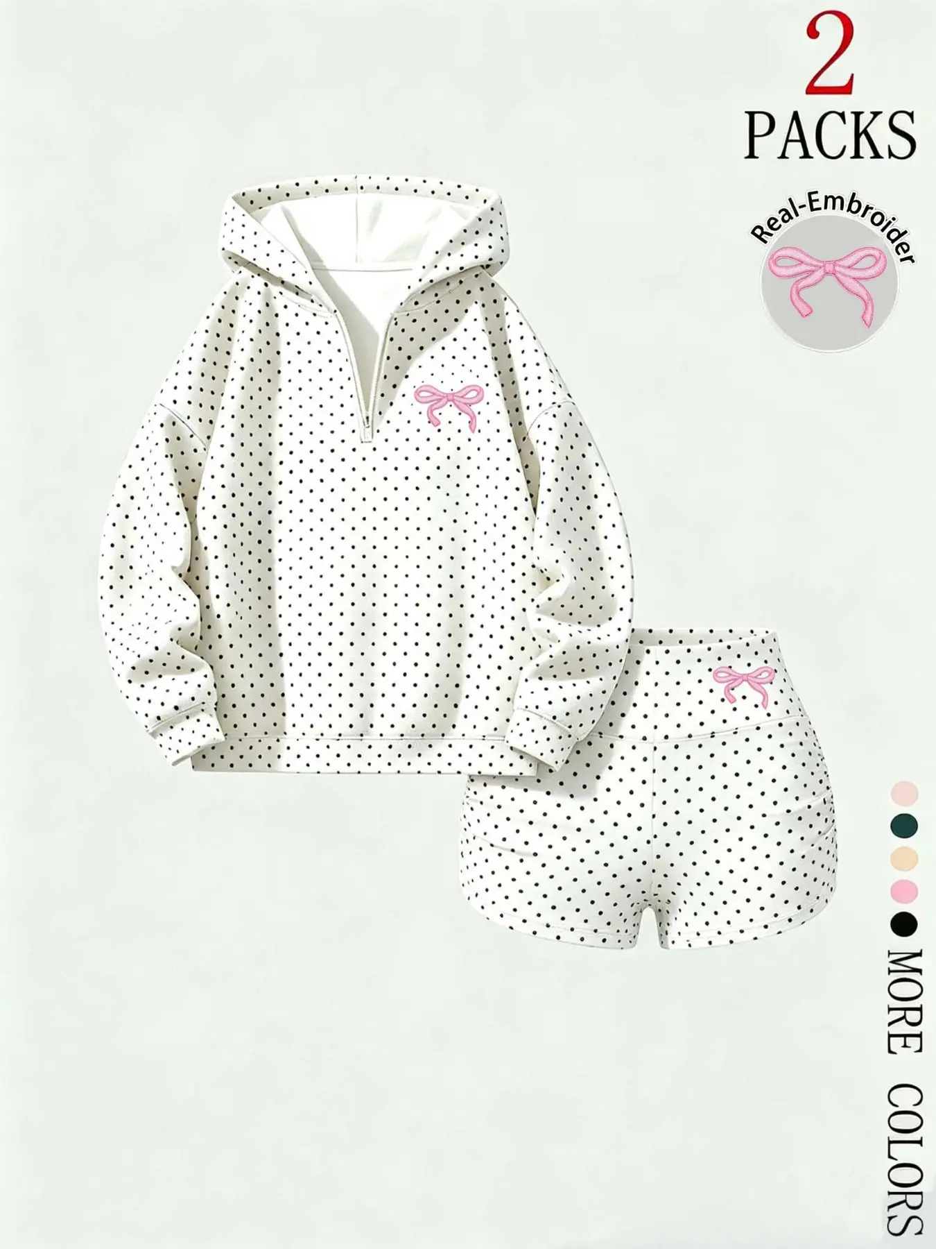 Soft Polka Dot 2 Piece Loungewear Set, Bow Embroidery Half Zip Hoodie & Ruched Shorts, Women Cozy Sleepwear, Preppy Style