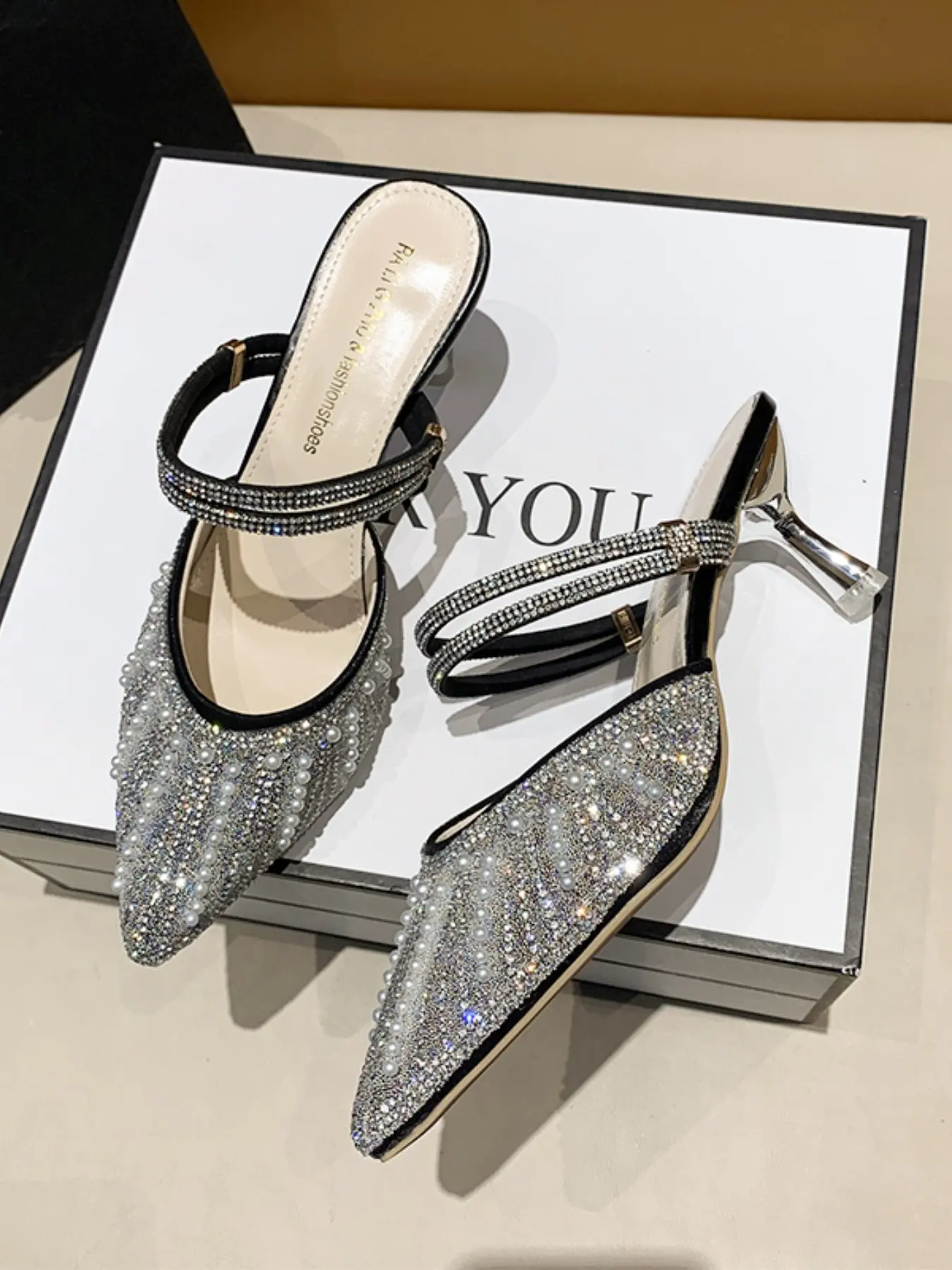 Women Pointed Toe Mule Heels Trendy Mesh Pearl Rhinestone Double Crystal Strap Slip On Kitten Heel Slide Pumps Wedding Guest Date Evening Party Daily Outfits 2 Colors Silver Champagne Nude