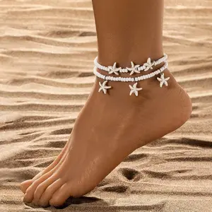 Bohemian 2pcs Starfish Anklet Sets For Women White Rice Beads Chain Ankle Bracelet Elastic Rope Beach Summer Foot Accessories