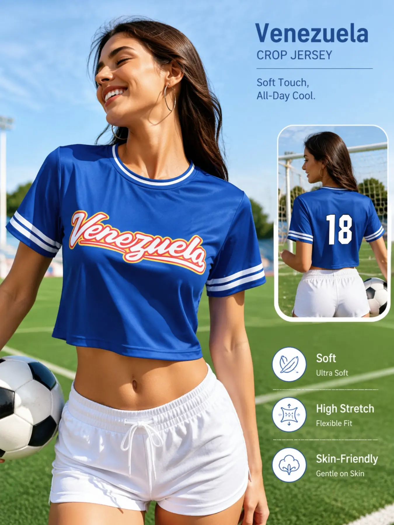 Women's Venezuela Loose Fit Short Sleeve Soccer T-Shirt, Solid Crew Neck, Classic Sporty Jersey, Athletic Top, Ideal for Matches and Daily Wear