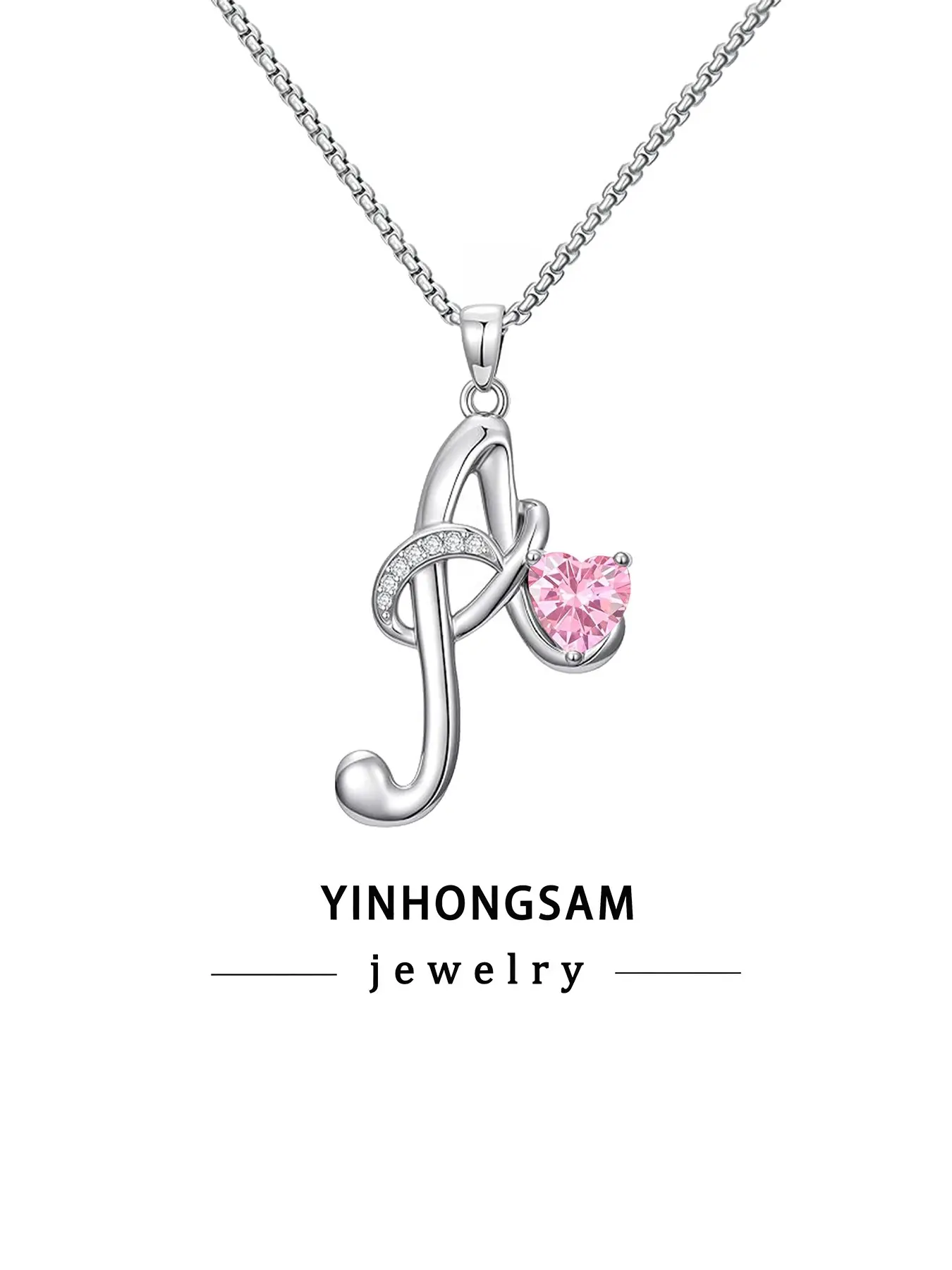 Pink Heart CZ Initial Necklace, A-Z Letter Necklace, Fashion Jewelry Accessories for Women & Girls