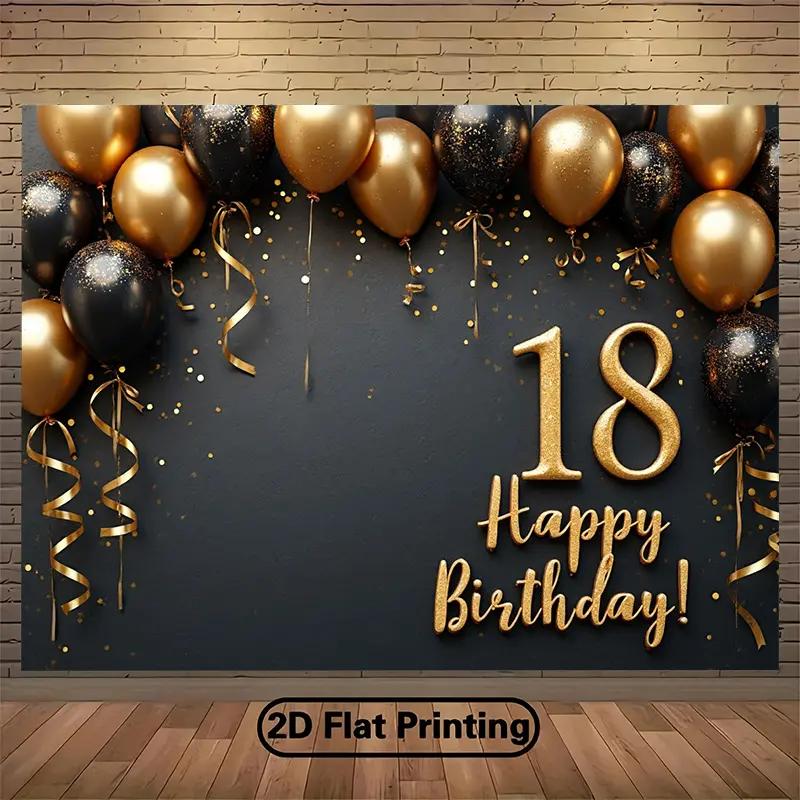 Black & Gold Balloons 18th Birthday Backdrop, Elegant Milestone Party Banner Tapestry, Anniversary Celebration Wall Decor, Photo Background