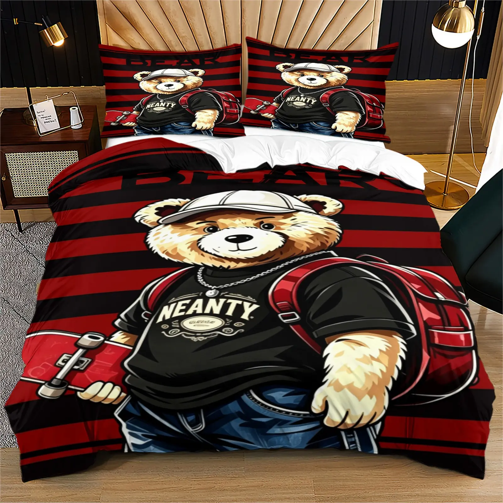 Bear print soft and durable bedding duvet cover set, Printed bedding set, Bed Linens, including 1 duvet cover and 1 or 2 pillowcases, without core or pillow, suitable for children or adults as gifts, modern style bedroom bed decoration