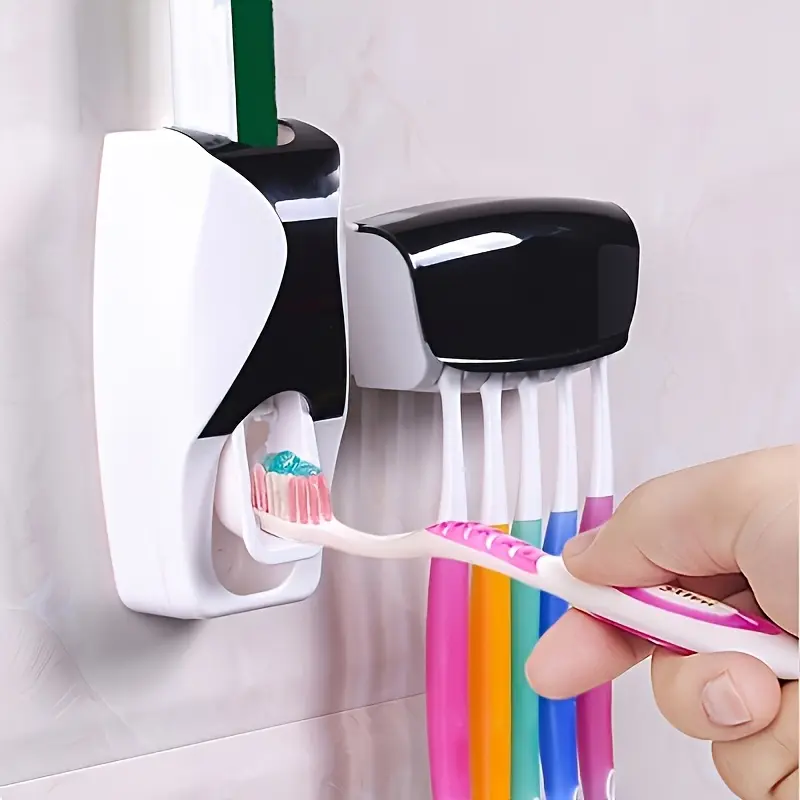 Wall-mounted Toothbrush Storage Holder, toothpaste automatic dispenser 2-piece set, wall-mounted design, no punching, easy to use, quick extrusion of toothpaste, modern style toothbrush storage set, can store 5 toothpastes