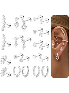 Hypoallergenic Flat Back Earrings for Women Cartilage Earrings Stacks-20G Stainless Steel Flatback Stud Hoop Casual Earrings Set Daith Conch Tragus Helix Piercing Jewelry