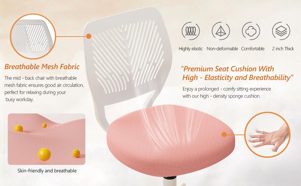 Armless Desk Chair, Height Adjustable Swivel Office Rolling Task Chairs with Soft Mesh Padded Cushion, Ergonomic Small Study Computer Chair for Girls Boys Teens (Pink, 1PC)