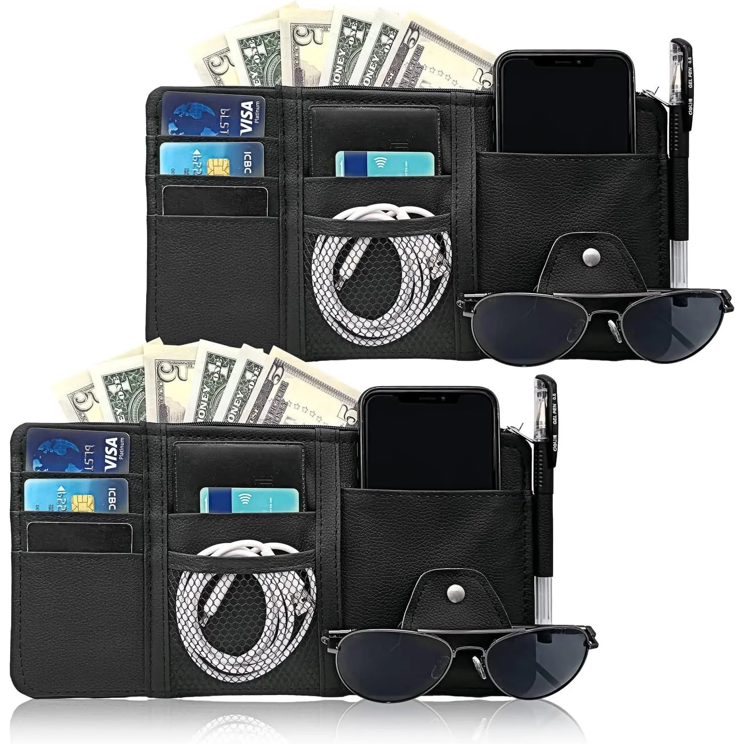 2Pcs Car Sun Visor Organizer, Auto Interior Accessories Pocket Organizer Car Visor Storage Pouch Holder with Zipper Pocket for Sedan, Truck, SUV - Black