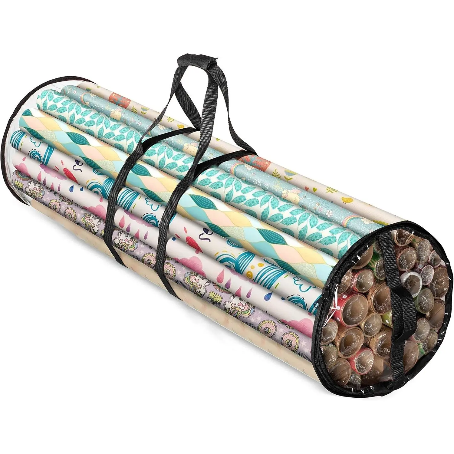 Round Christmas Gift Wrapping Paper Organizer Storage - 40 Inch Gift Wrap Storage Containers - Wrapping Paper Holder, Clear PVC Waterproof, Fits 25 Standard Rolls - Black