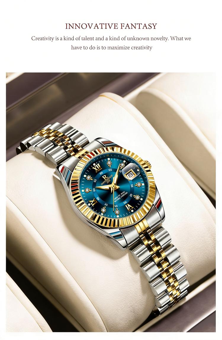 Elegant Women's Luxury Blue Dial Quartz Watch - Two-Tone Gold Silver Stainless Steel Wristwatch with Date, Sparkling Crystal Markers, Roman Numerals, Stylish Dress Watch for Ladies, Perfect Gift for Wife Girlfriend Mom