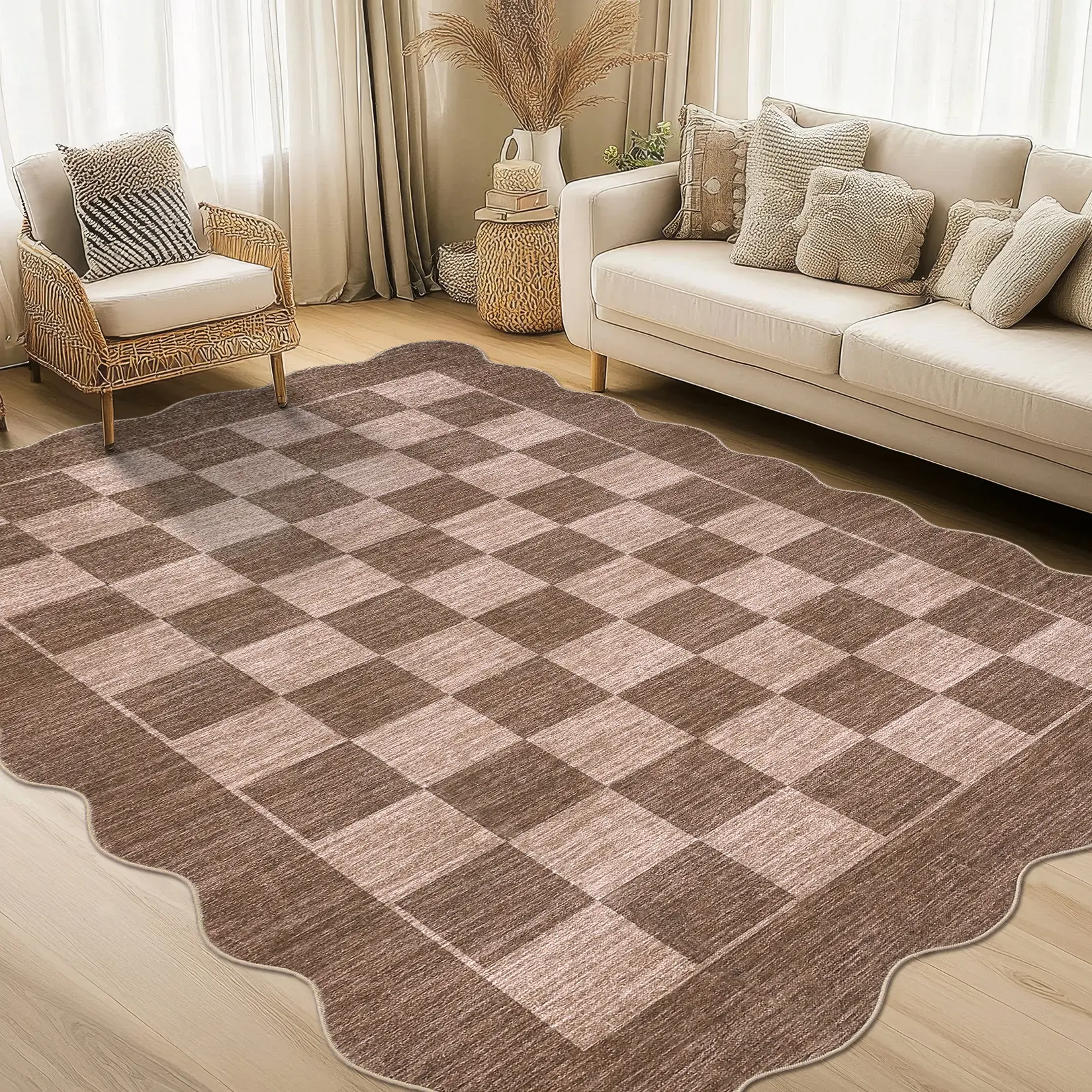 Scalloped Runner Rug, Washable Non-Slip Kitchen/Hallway Rug, Farmhouse Checkerboard Indoor/Outdoor Carpet, for Entryway, Porch, Laundry