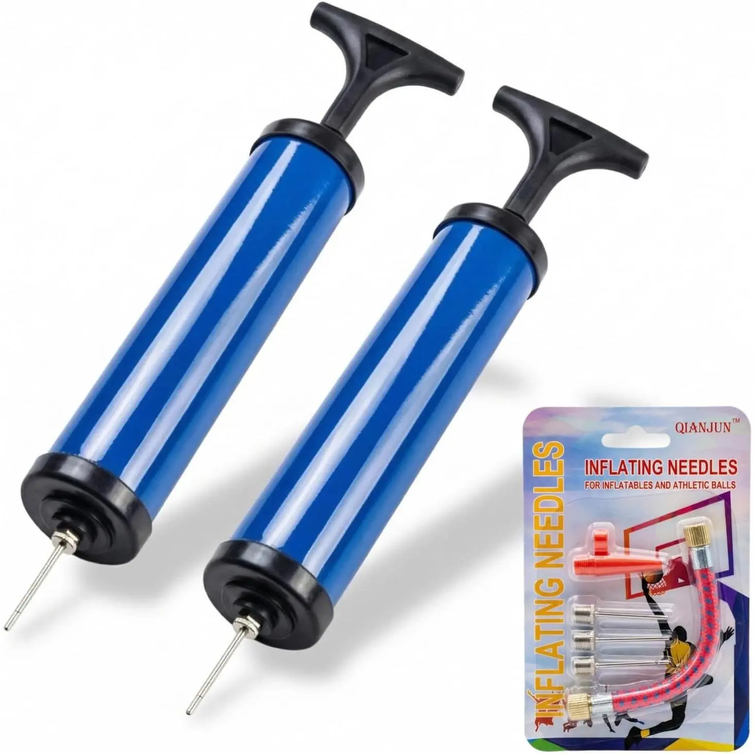 2 Pack 8 Inch Ball Pump, Portable Air Pump with Needles, Nozzle & Extension Hose for Basketball Football Volleyball Soccer Water Polo Rugby Exercise Ball