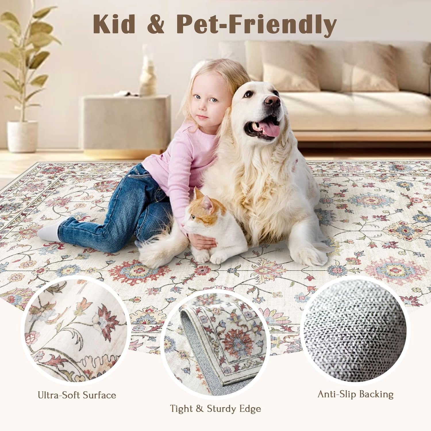 6x9 Area Rug for Living Room - Large Traditional Floral Washable Rugs for Bedroom Non-Slip Cream Stain Resistant Dining Room Rug Colorful Low-Pile Carpet Soft Vinatge Rug for Office Guest Room