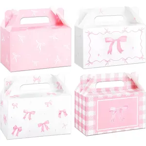 12 Pcs Pink Bow Treat Boxes Party Favors Goodie Gift Boxes for Birthday Bachelorette Engagement Baby Shower Party Decoration Bow Themed Treat Candy Box