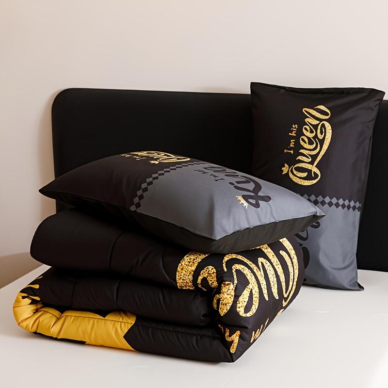 3pcs Super Soft Breathable Quilt Set - Black Grey Color Blocking, Thickening Crown Letter Design | 1 Comforter + 2 Pillowcases, 180gsm Quilting, Digital Printing for Bedroom