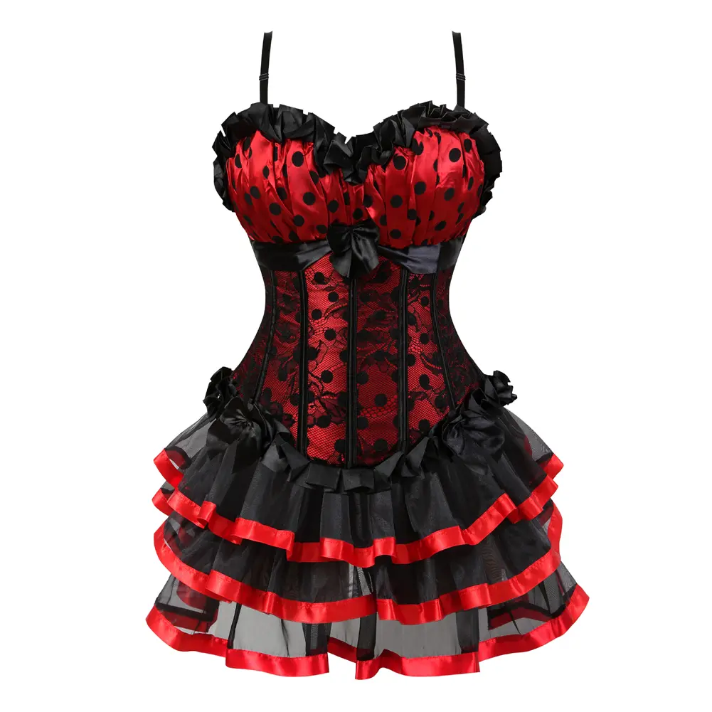Renaissance Corset Dress and Short Skirt Tutu Plus Size Women Dot Printing Shoulder Strap Medieval Victorian Waist Cincher Bustier Top for Halloween Pirate Cosplay Suitable for Halloween and Themed Events Elegant Cropped Red