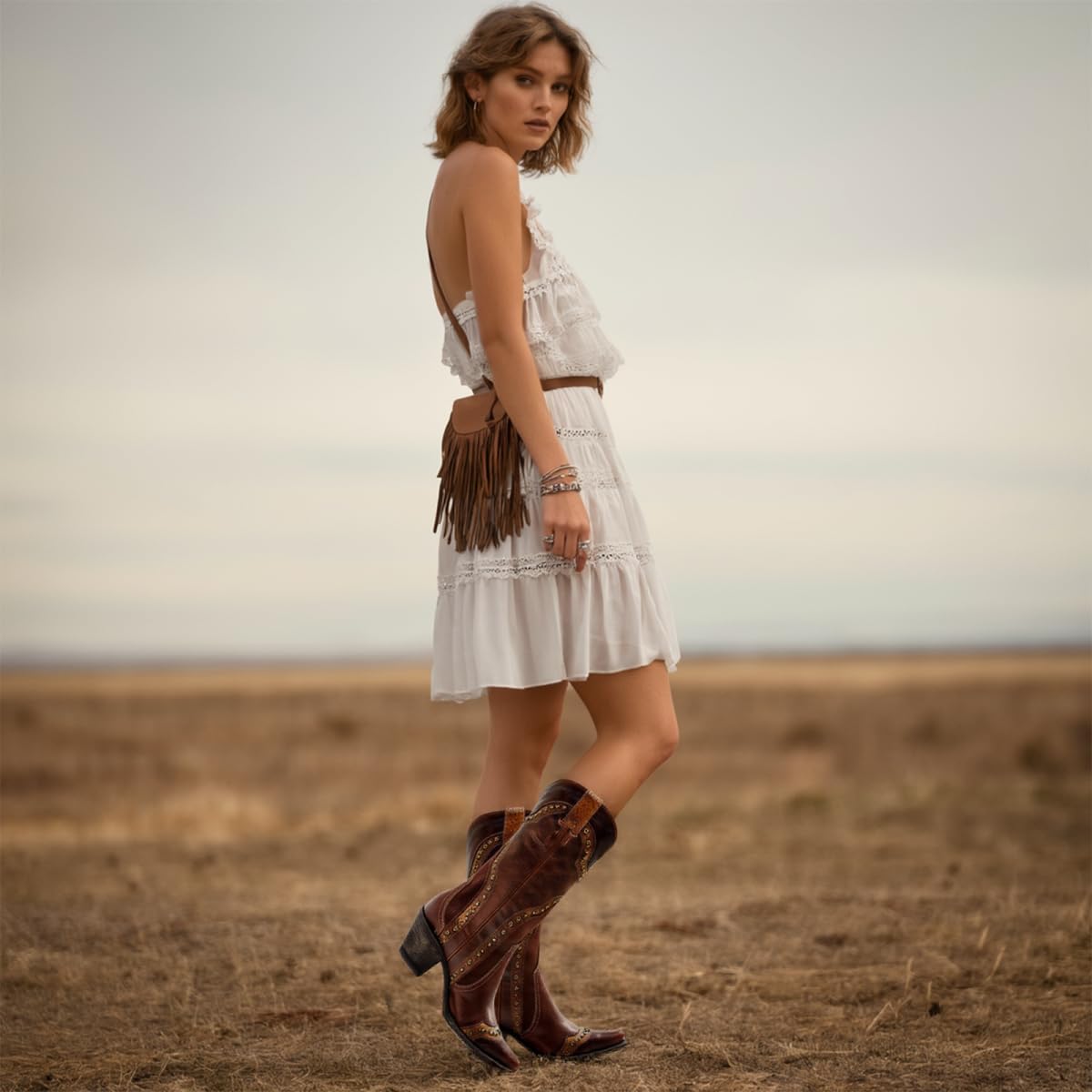 Cowboy Boots For Women, Cowgirl Ladies Mid Calf Boots with Classic Studded, Pointed Toe Chunky Heel Pull On Fashion Dress Wedding Western Booties