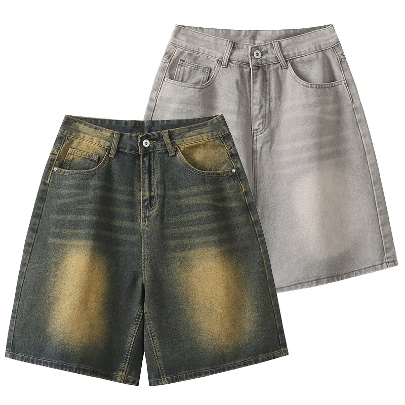 Men's Japanese Retro Straight Jean Shorts - Water-Dye Gradient Wash, Loose A-Type Wide-Leg, Mid-Length Casual Button-Fly, Foldable for Summer Everyday Wear, Father's Day Gift, Style