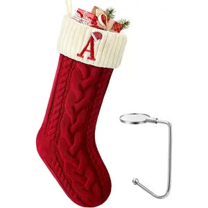 Large Christmas Stocking with Initials, Embroidered Knit Christmas Stocking with Hook, Custom Christmas Stockings, Xmas Stockings for Family Fireplace Holiday Party Gift