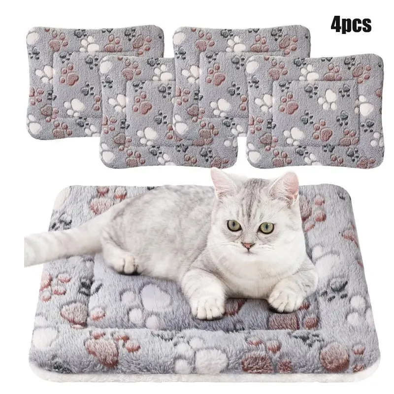 4-Pack Ultra Soft Cat Dog Bed, Kitten Bed, Cute Print Dual-Sided Wool Pet Mat, Washable Thick Hamster Pad, Light, Comfortable Animal Bedding