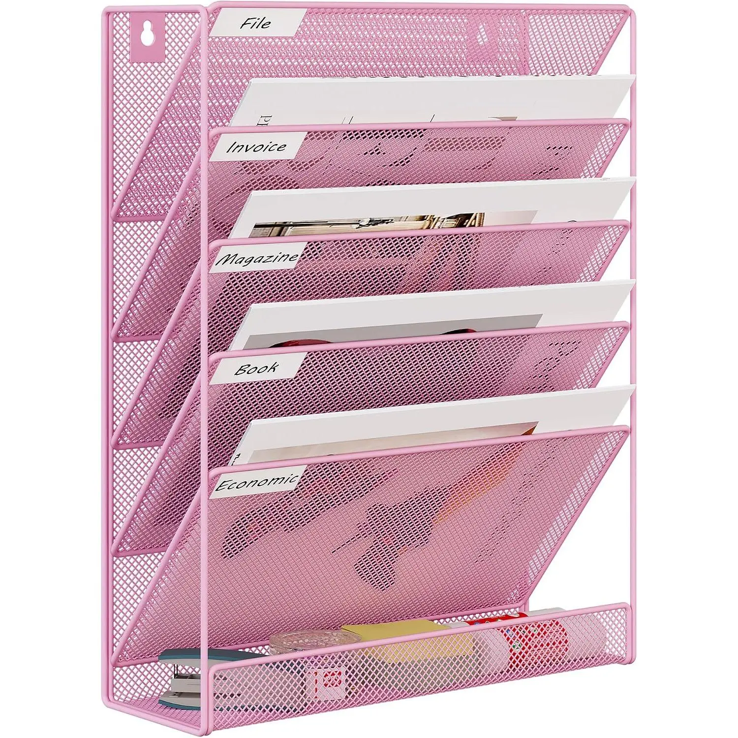 5 Tier Wall File Holder, Mesh Hanging Folder Organizer with Classify Label, Versatile Desk File Holder, Vertical Wall Mounted Mail Organizer for Office Home Cubicle, Pink