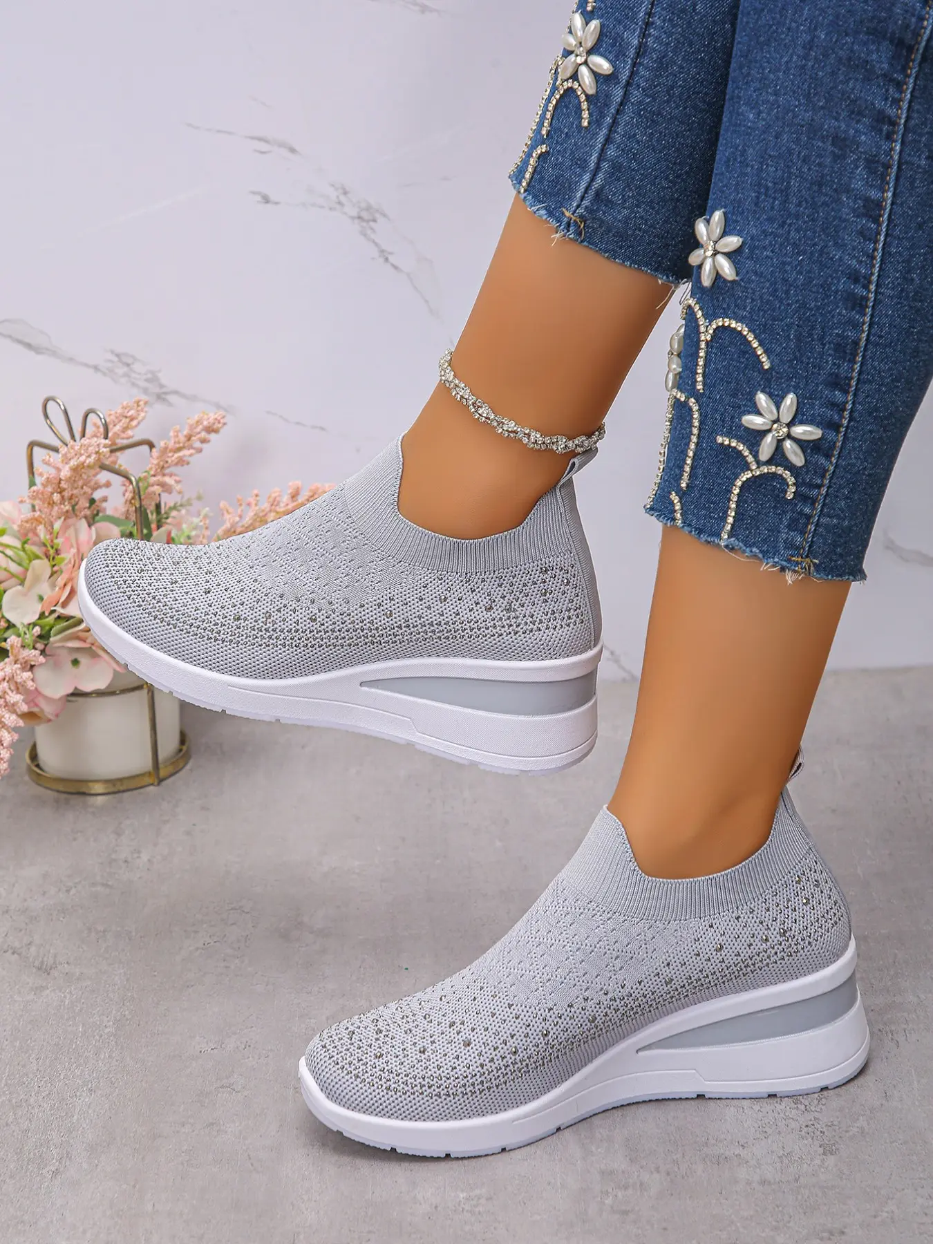 Multi Solid Color Women Slip On Rhinestone Knit Wedge Platform Walking Sneakers, Anti-Slip Lightweight Casual Fashion Trainers Suitable For All Season Indoor Outdoor Daily Wear