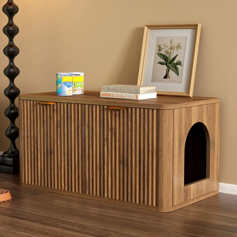 31.5" Walnut Cat Litter Box Enclosure Furniture, Hidden Kitty Litter Box Cabinet with Fluted Design, Mid Century Modern Cat House Side Table, Decorative Pet Storage Furniture for Living Room, Bedroom, Entryway, Large Covered Litter Box Hideaway Cabinet