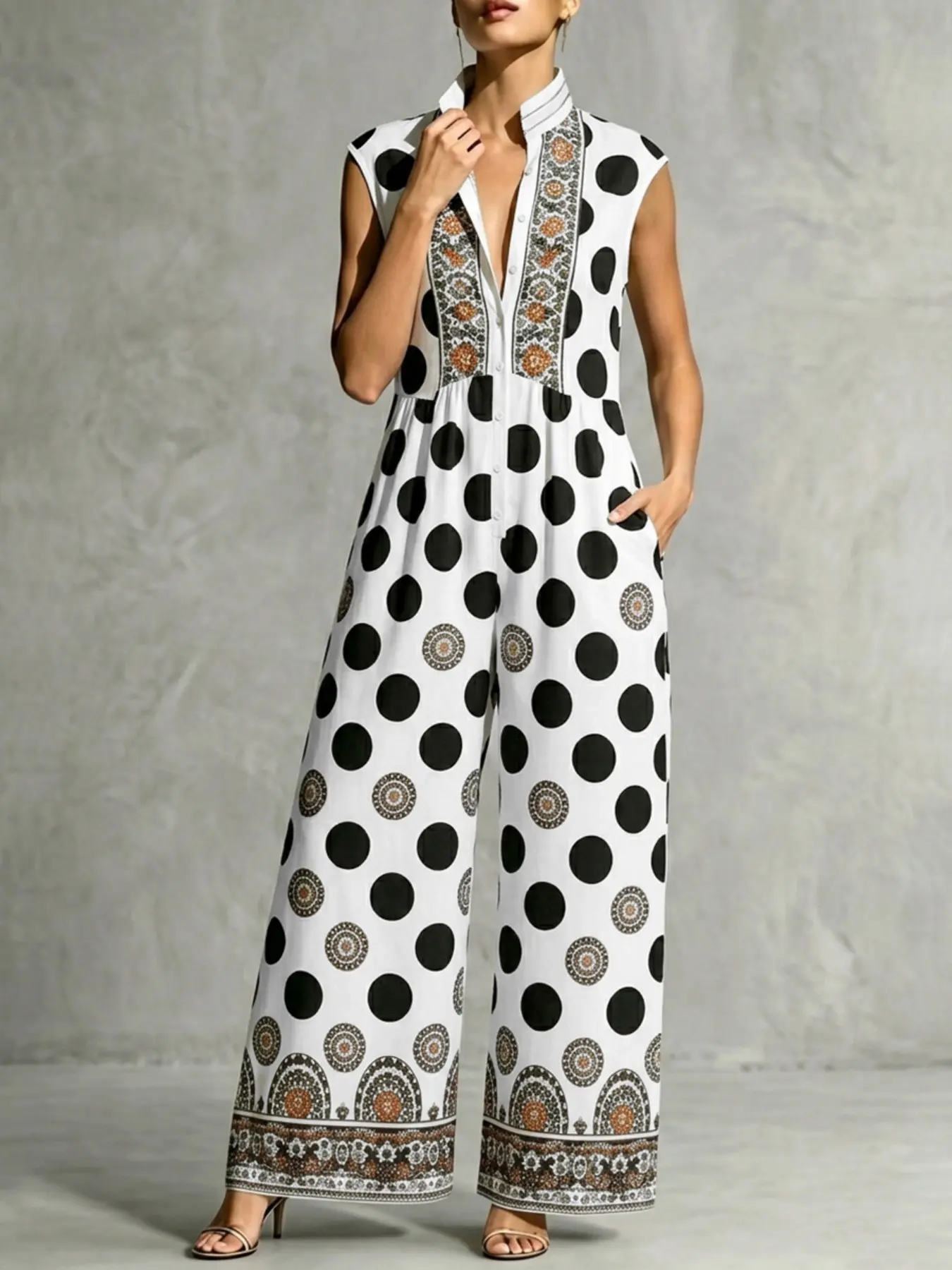 High-Waisted Loose Fit Sleeveless Colorblock Pleated Pocket Polka Dot Stand Collar Romper Jumpsuit, Stylish, Elegant, Chic and Comfortable One-Piece for Women