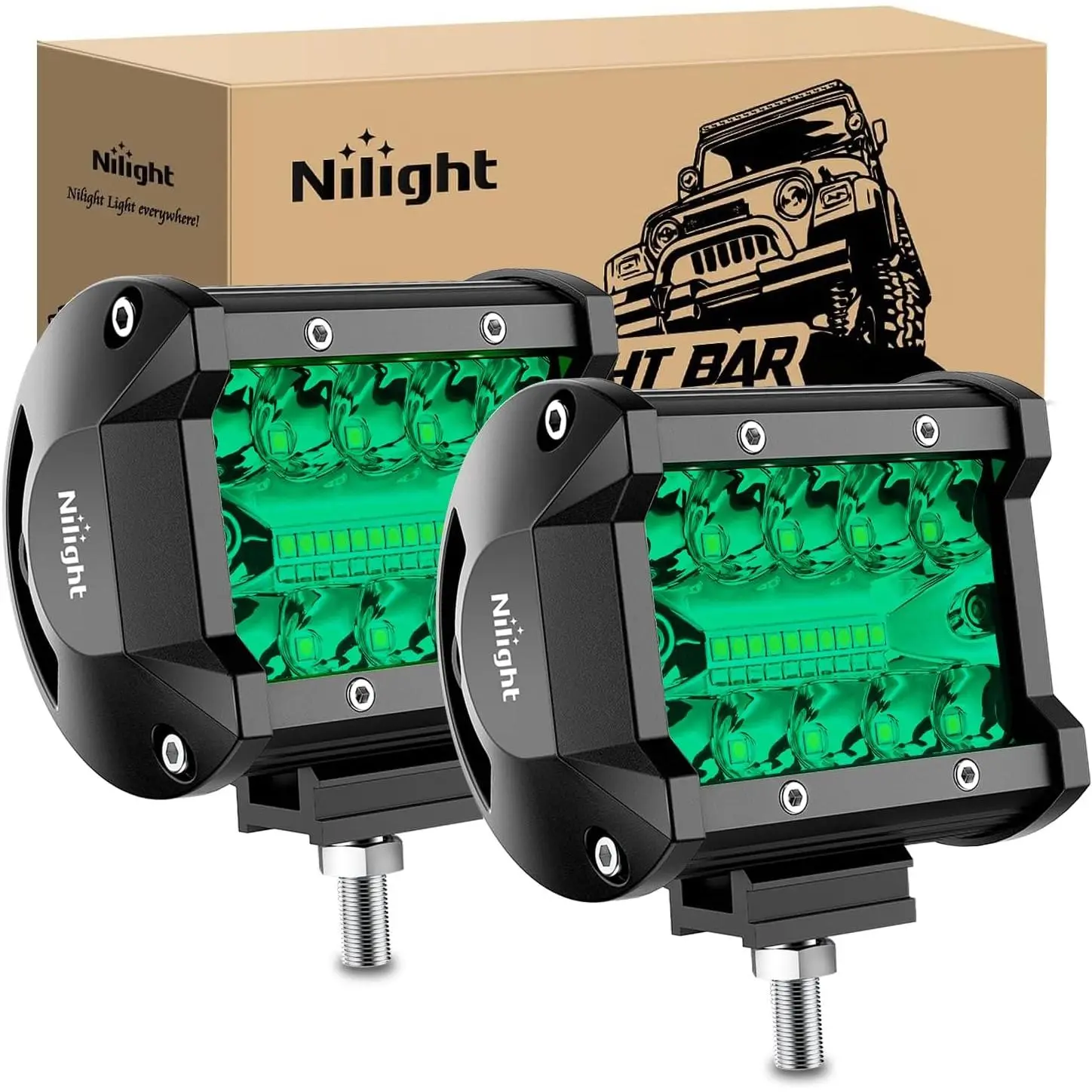 Nilight 4-in-1 LED Light Pods, 2PCS 60W Green Triple Row Flood-Spot Combo, Adjustable Aluminum Alloy Automotive Fog Lights for Motorcycle, Boat, Forklift