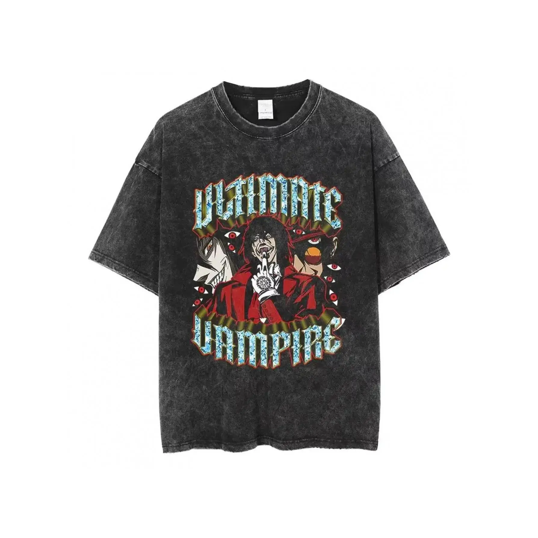 Vintage Distressed Washed T-Shirt Men Hellsing Ultimate Alucard Triple Portrait Red Eye Motif Ice Crack Gothic "ULTIMATE VAMPIRE" Anime Graphic Oversized Crew Neck Tee For Dark Anime Fans Daily Street Outfits