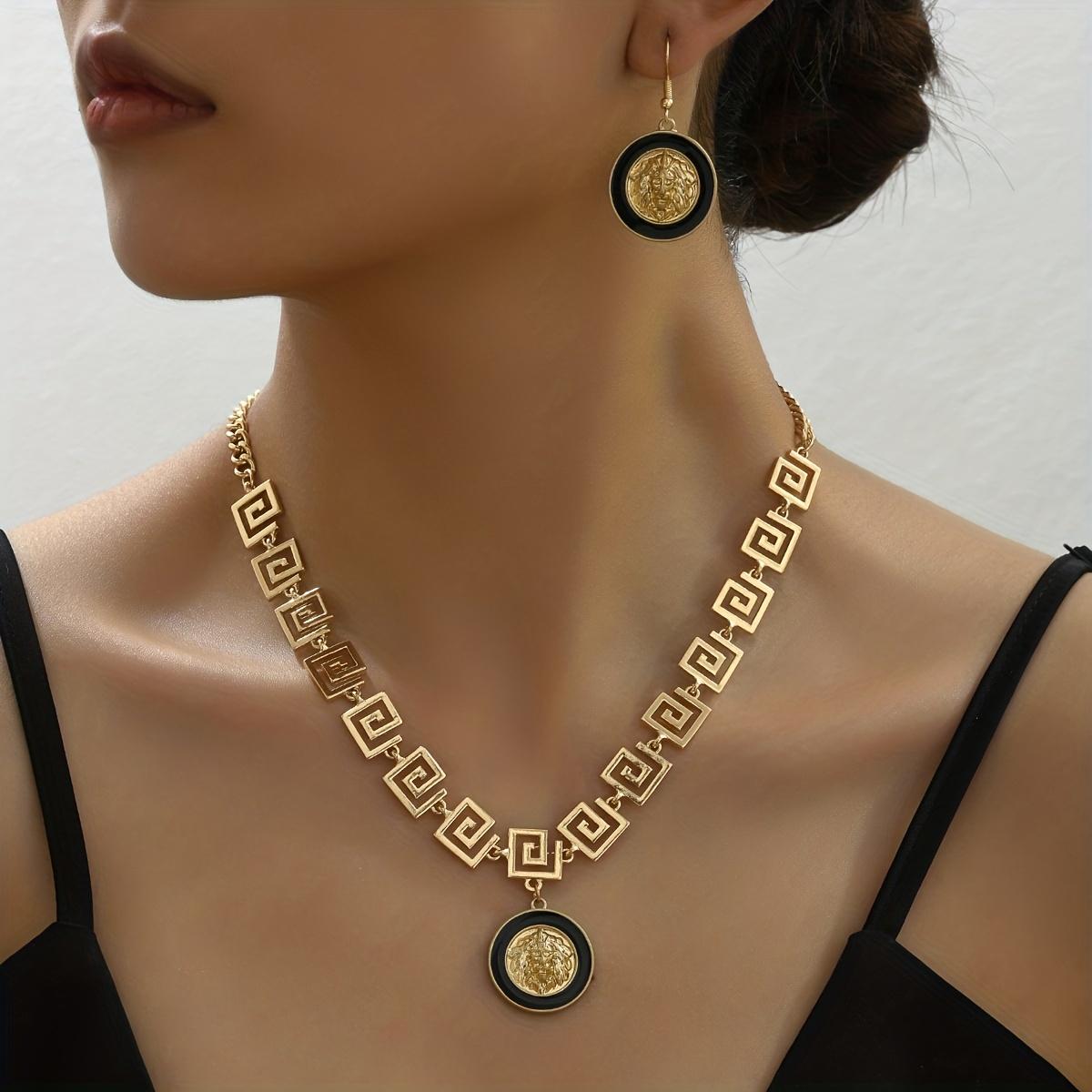 Inspired design fashion classic necklace and earring set with enamel lion head and Great Wall pattern chain, unisex style, elegant and luxurious, suitable for both men and women