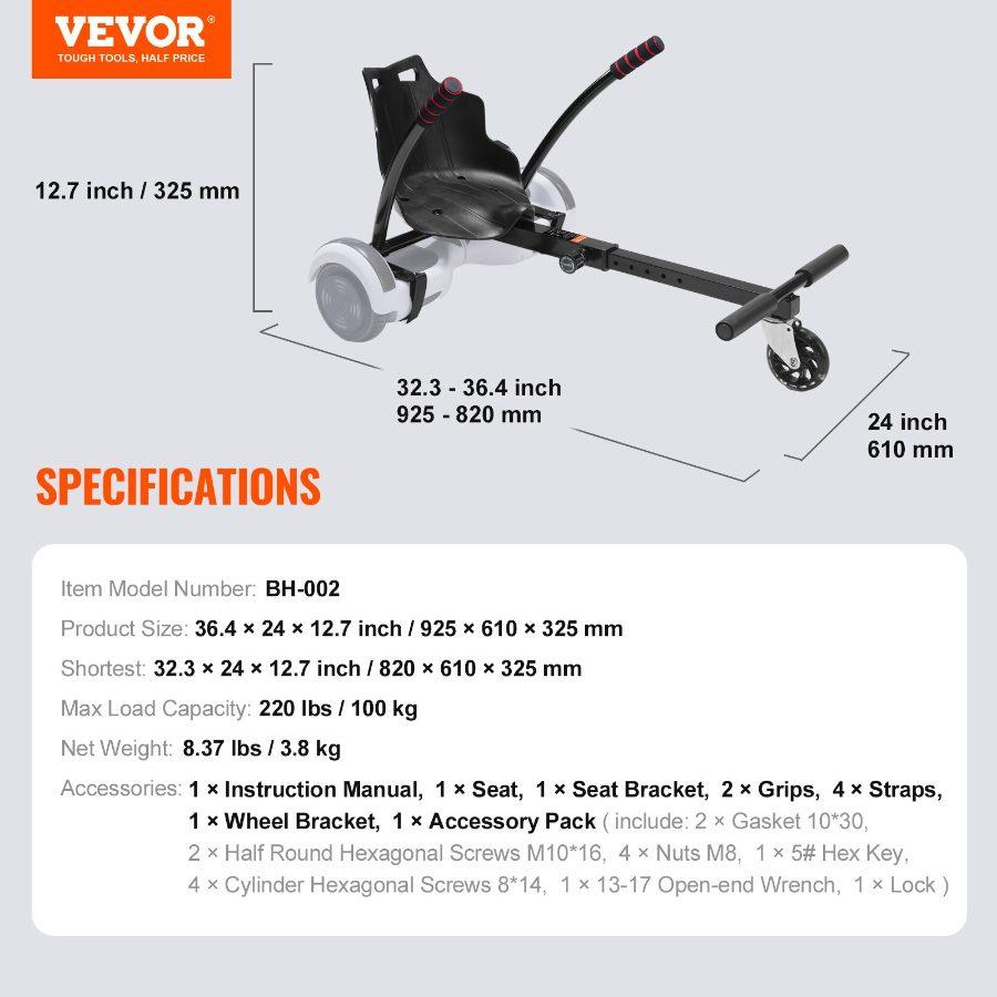 VEVOR Hoverboard Seat Attachment(Not included hoverboards), for 6.5 8 8.5 10 Hoverboards, with LED Lights, Grips Control, Adjustable Frame Length and 220 LBS Load Capacity, Hover Board Go Karts Accessory, for Kids Adults