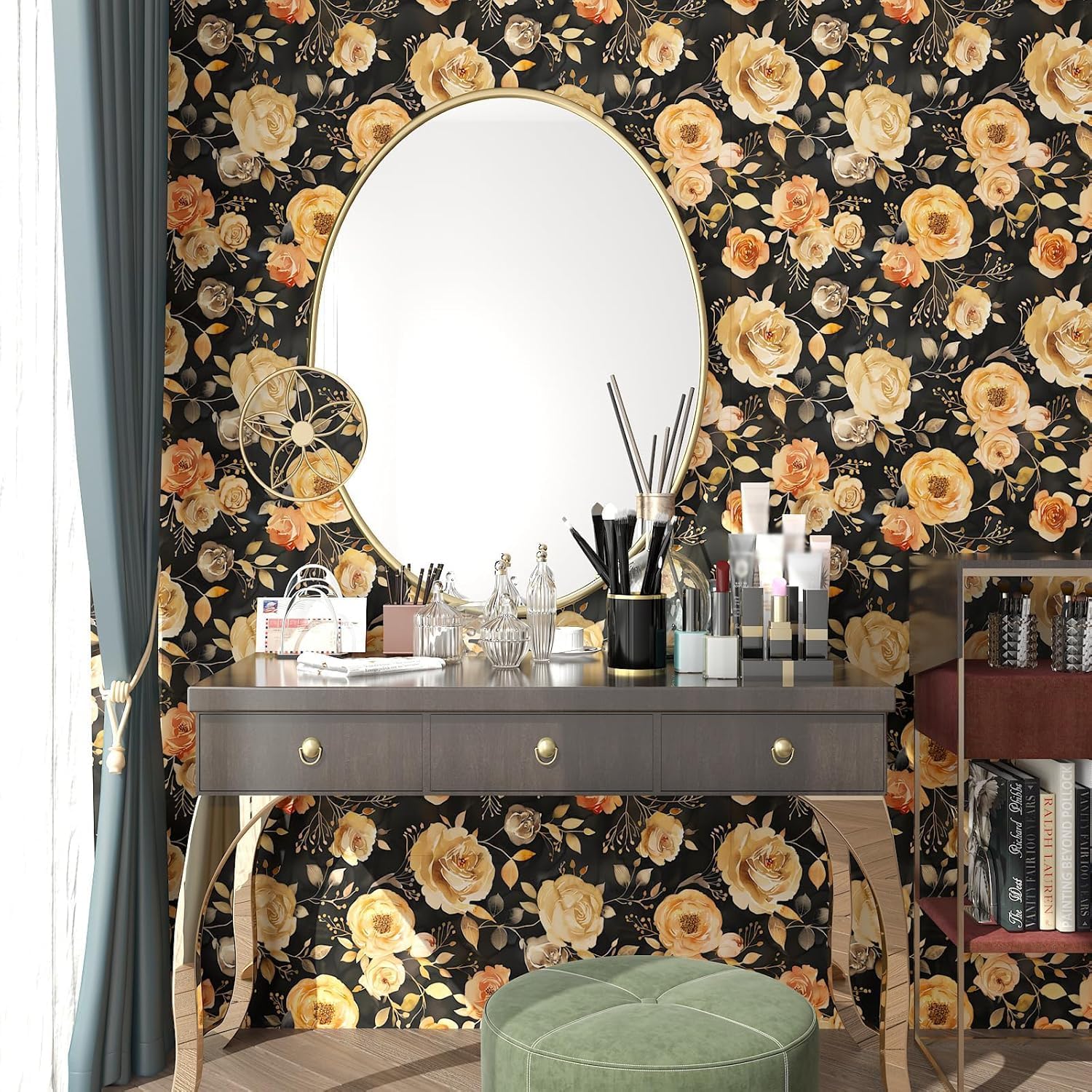 Flower Wallpaper Yellow/Orange Floral Peel and Stick Wallpaper Cream Contact Paper Waterproof Self Adhesive Covering for Bedroom Cabinet Bathroom Home Decor 17.4" x 118"